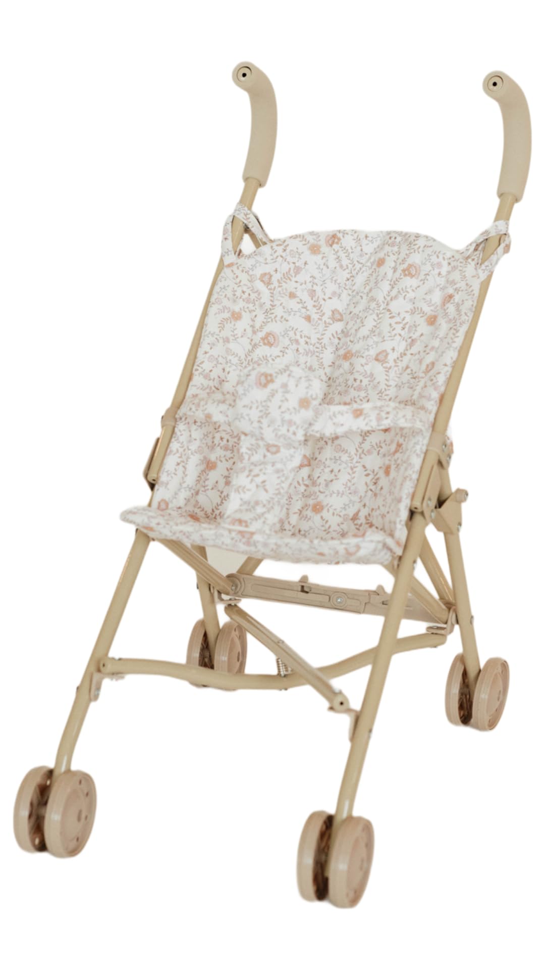 Lyla & Sage doll stroller with beige floral pattern on a sturdy frame for easy outings.