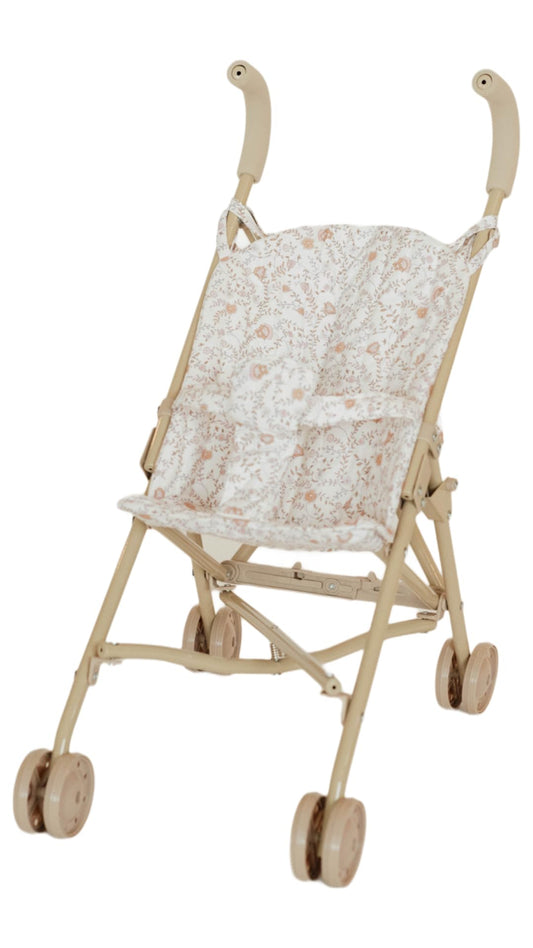 Lyla & Sage doll stroller with beige floral pattern on a sturdy frame for easy outings.