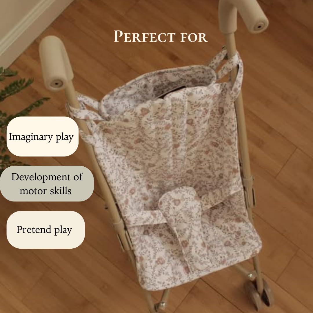 Lyla & Sage doll stroller shows smooth wheels for effortless maneuvering across floors.