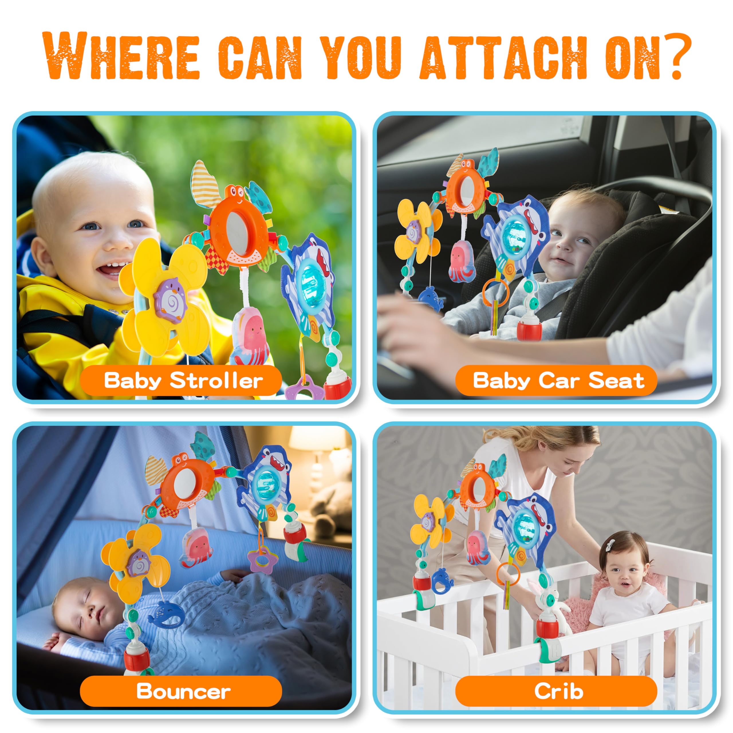 Lynncare universal arch fits many baby gear with adjustable clips for secure attachment.