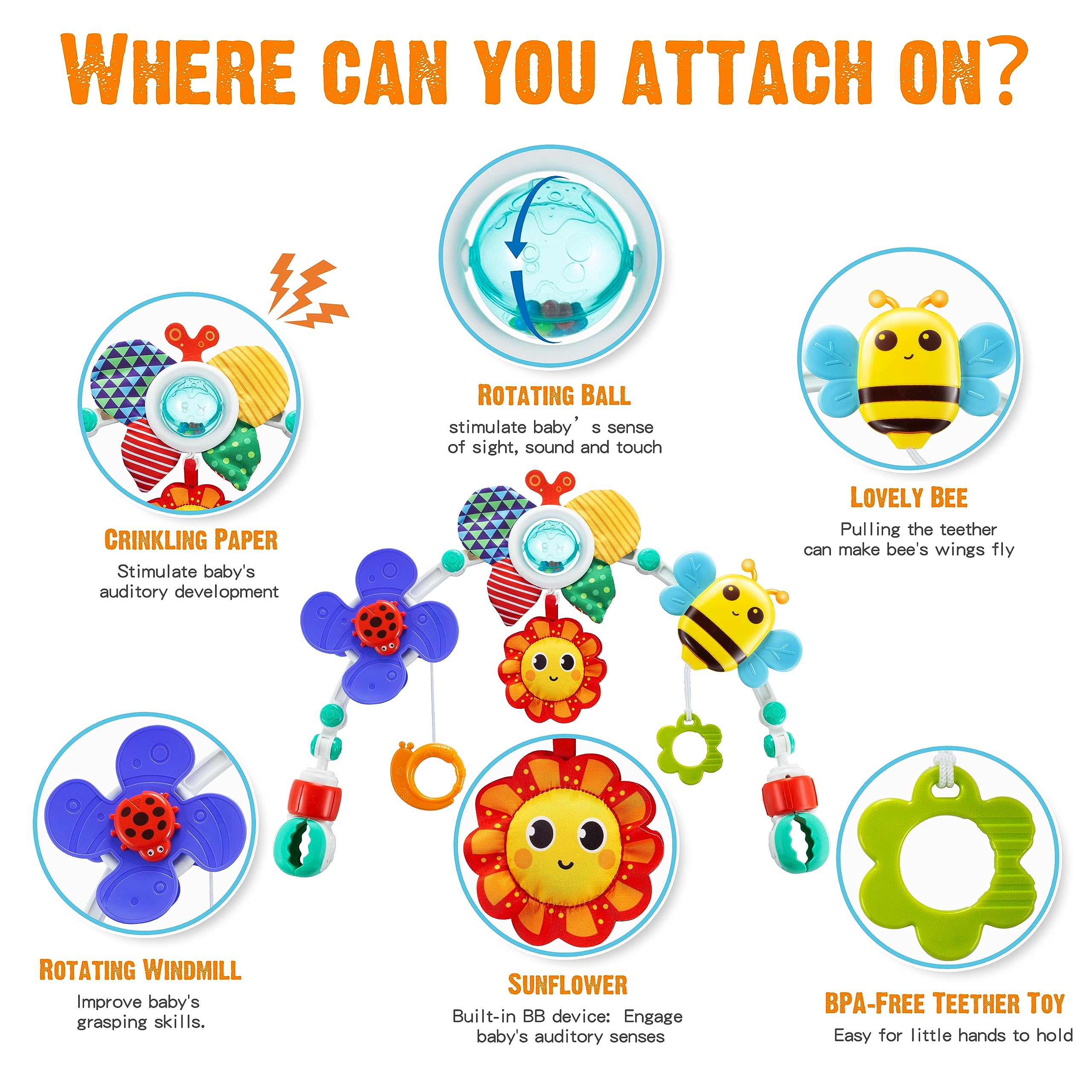 Lynncare arch toy with colorful detachable elements for hand-eye coordination