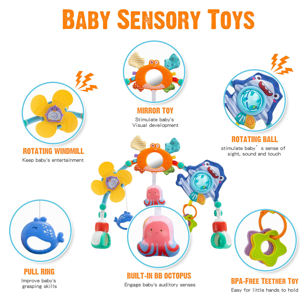 Lynncare arch toy with detachable toys enhances sensory play and motor skill development.