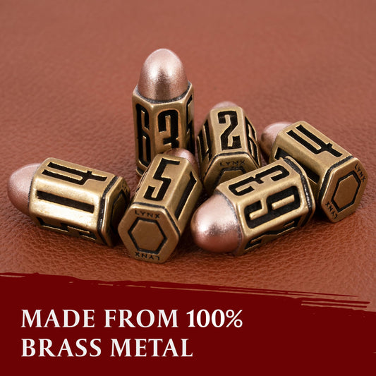 Lynx brass d6 dice close-up highlighting weight and craftsmanship.