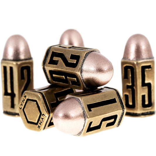 Lynx Bullet dice 6-pack in metal storage box for travel and storage.
