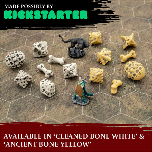 LYNX Skull & Bone dice in ancient bone yellow, hand-painted with subtle variations.