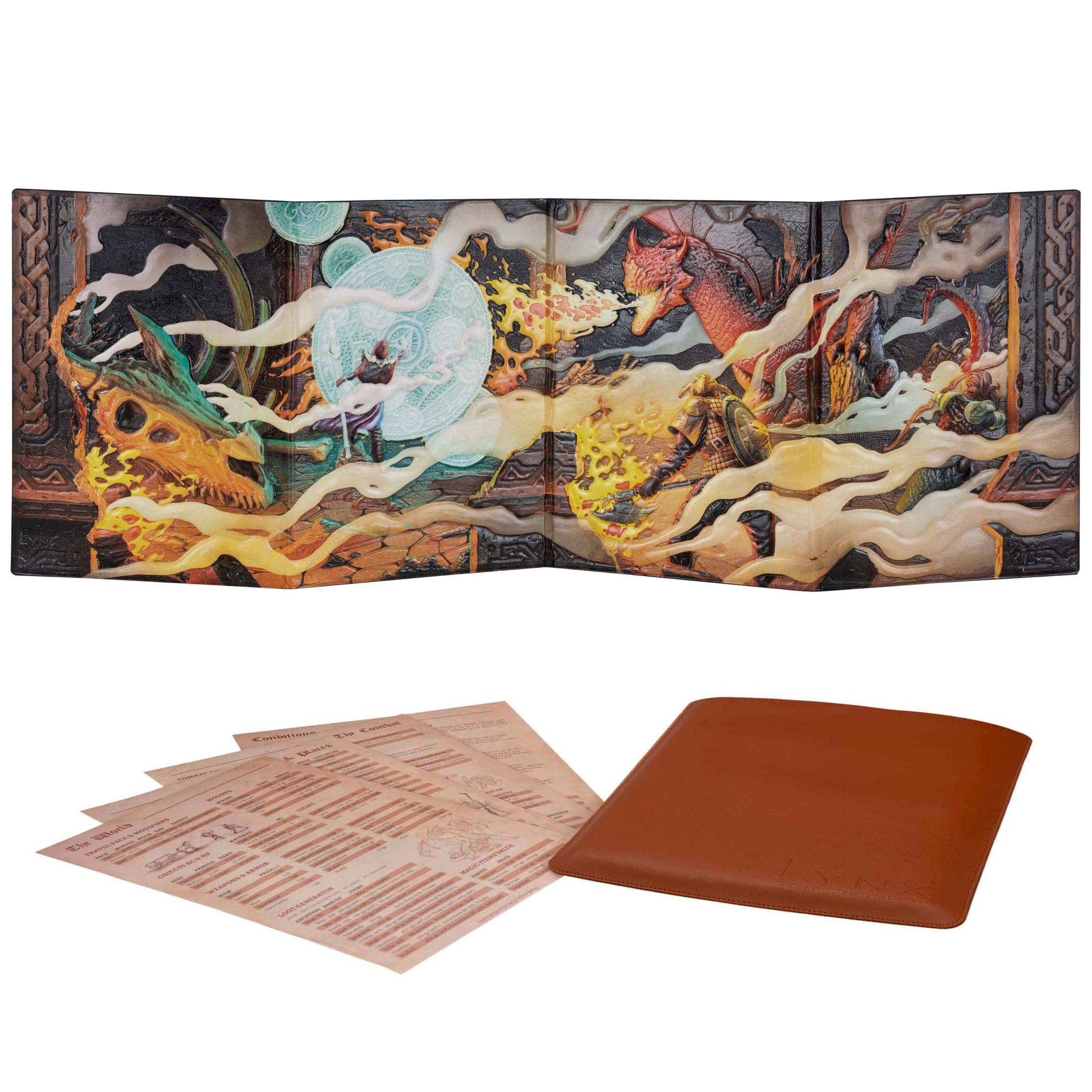 LYNX DND DM Screen 3D faux leather front cover with dragon battle scene for immersion