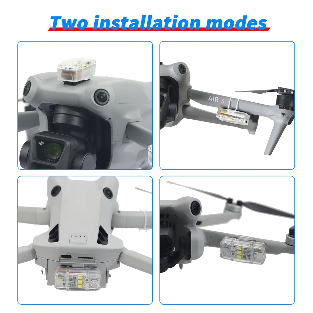 LYONGTECH drone strobe lights secured with Velcro for flexible mounting on wings or bodies.
