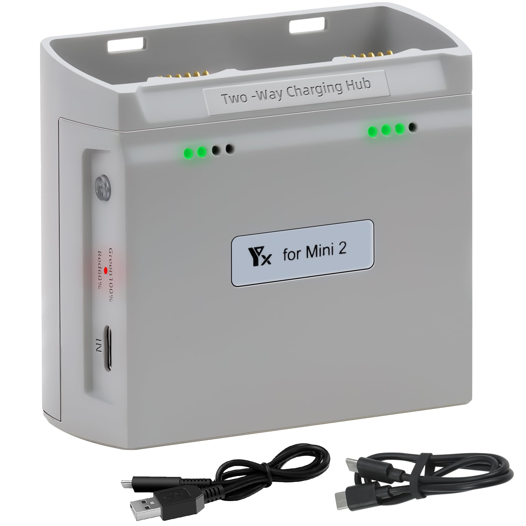 LYONGTECH dual battery charger front view powers two DJI Mini 4K/2 batteries in parallel.