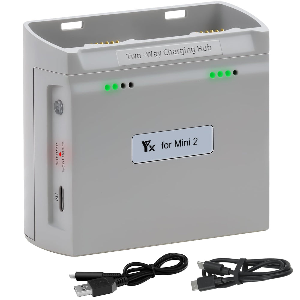 LYONGTECH dual battery charger front view powers two DJI Mini 4K/2 batteries in parallel.
