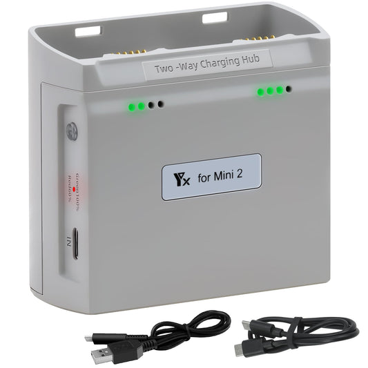 LYONGTECH dual battery charger front view powers two DJI Mini 4K/2 batteries in parallel.