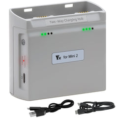 LYONGTECH dual battery charger front view powers two DJI Mini 4K/2 batteries in parallel.