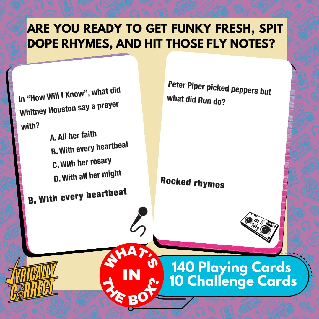 Lyrically Correct 80s mixtape challenge cards spread for quick rounds