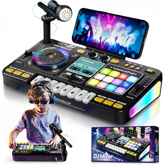 LZZAPJ Kids DJ Mixer turntable in black with vibrant lights for creative play