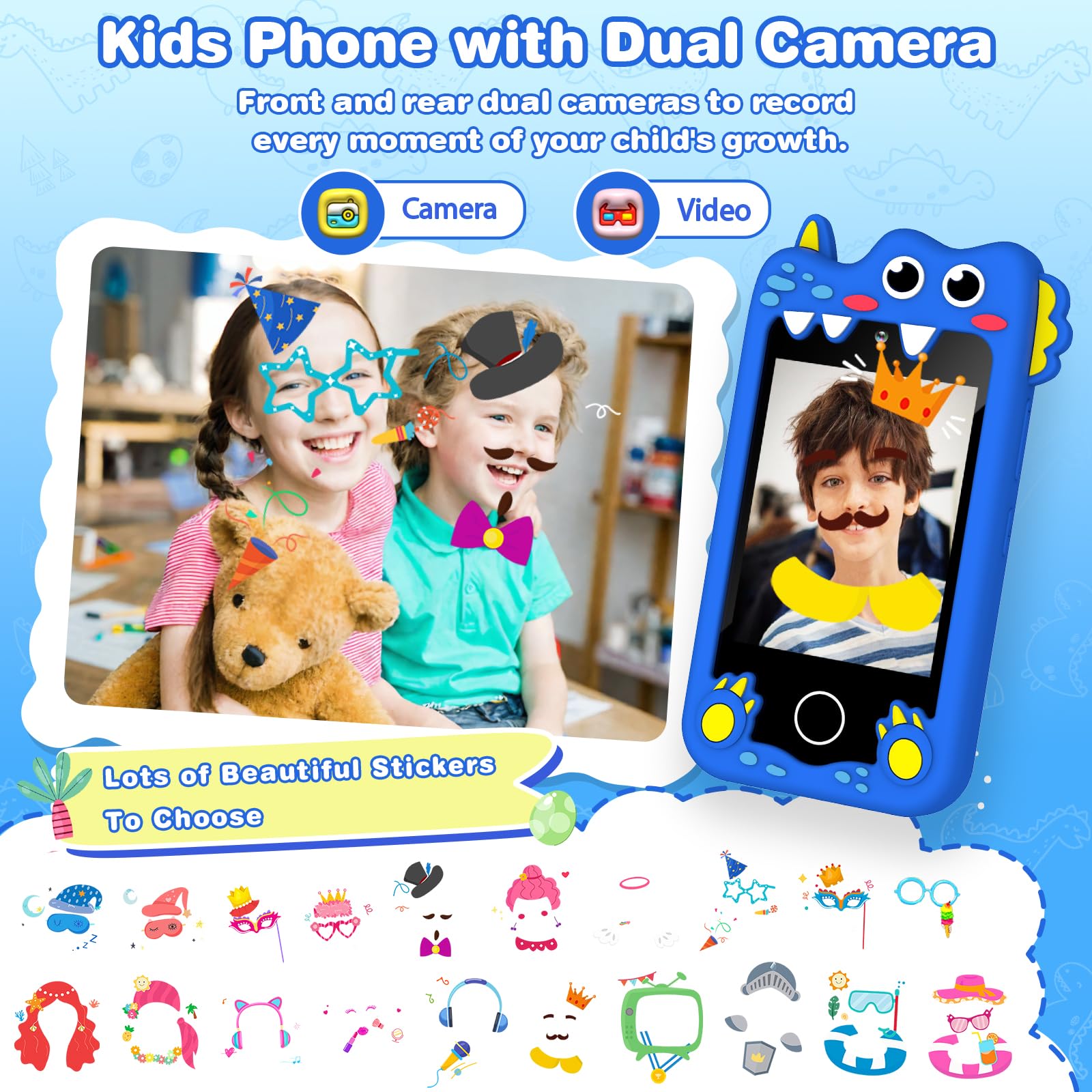 Dual camera setup enables simple photos and videos for kids.