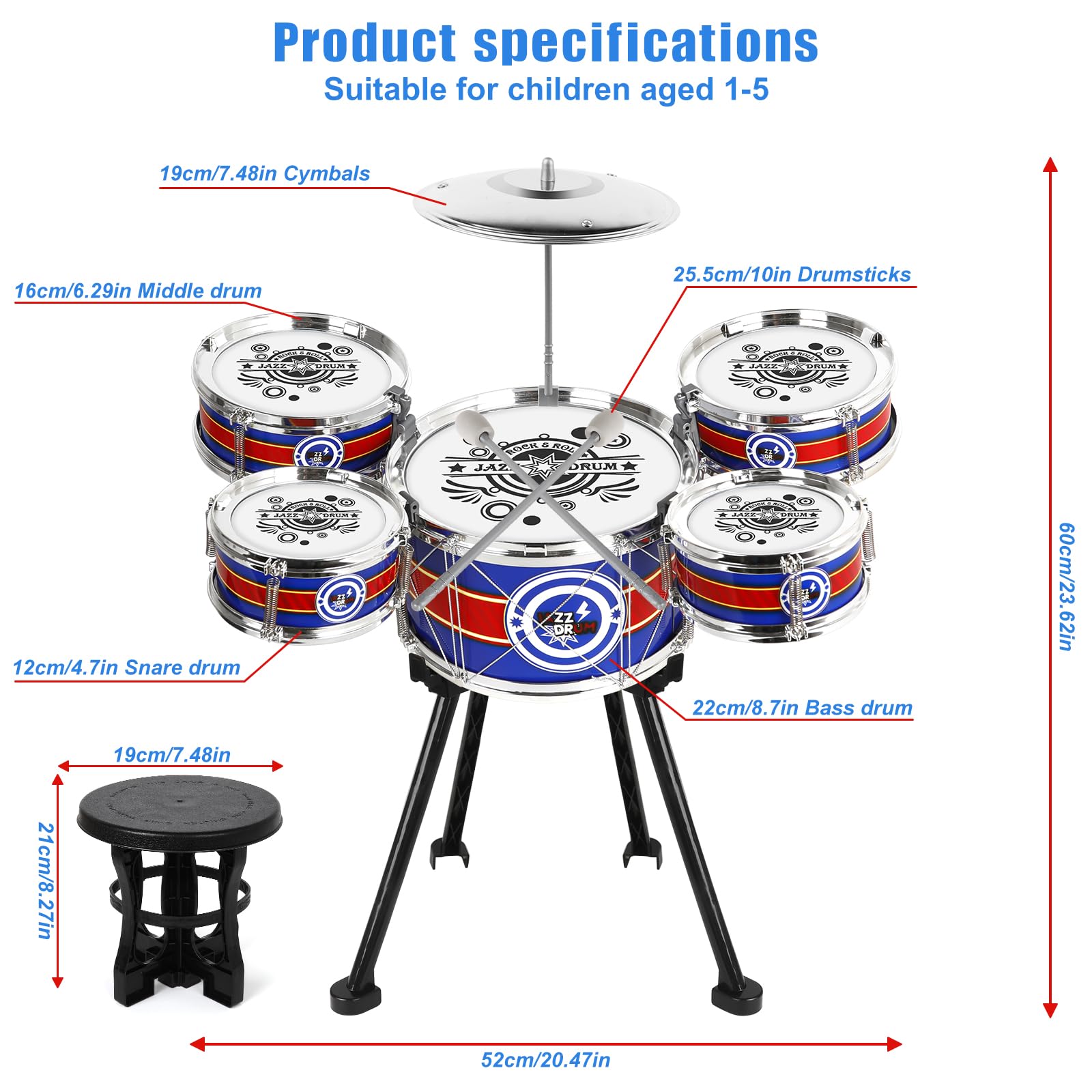 M SANMERSEN blue stool and drum kit provide comfortable practice sessions