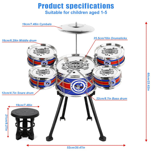 M SANMERSEN blue stool and drum kit provide comfortable practice sessions