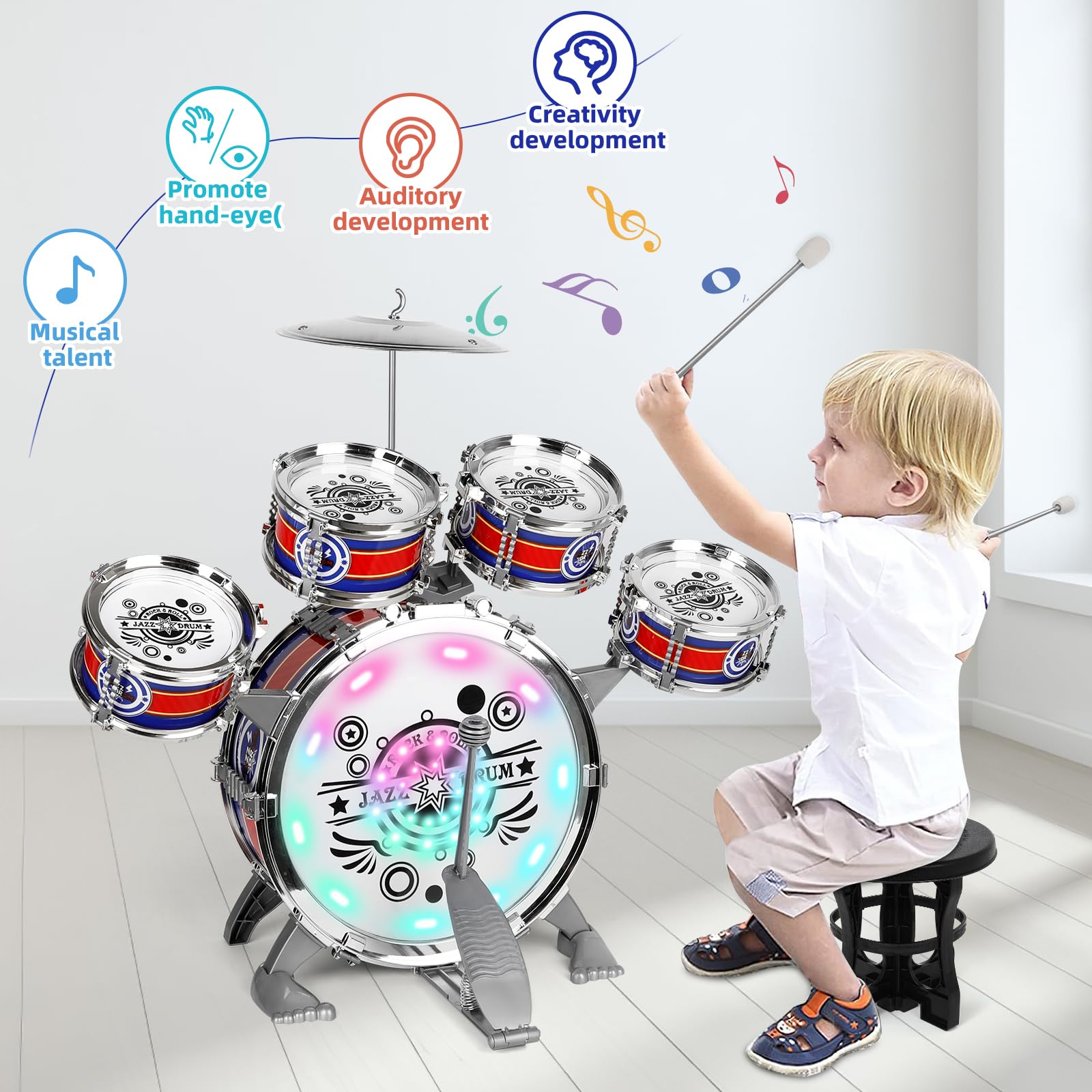 M SANMERSEN kid playing the 5-piece drum set during playtime