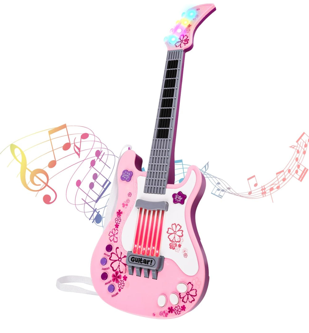 M SANMERSEN pink kids electric guitar front view with demos for musical exploration.