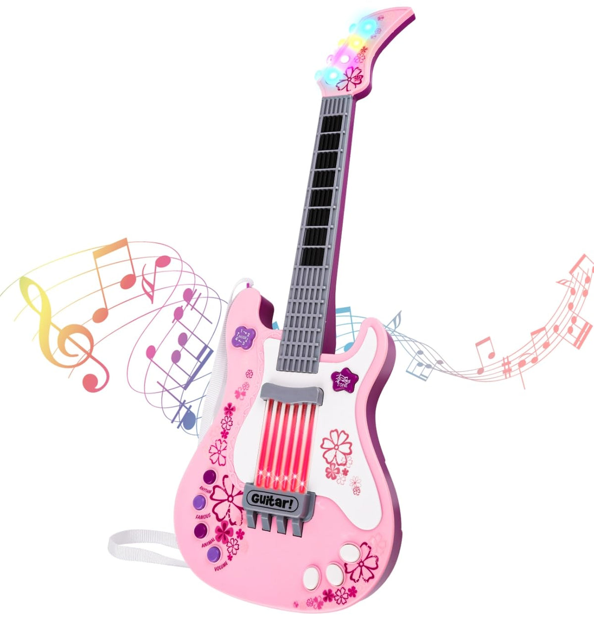 M SANMERSEN pink kids electric guitar front view with demos for musical exploration.