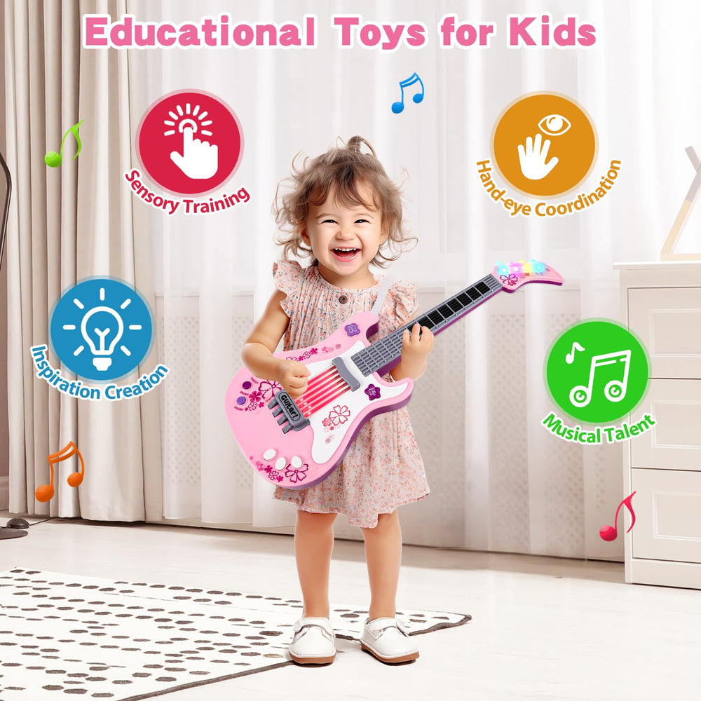 M SANMERSEN pink kids electric guitar side view showing animal sounds for learning.