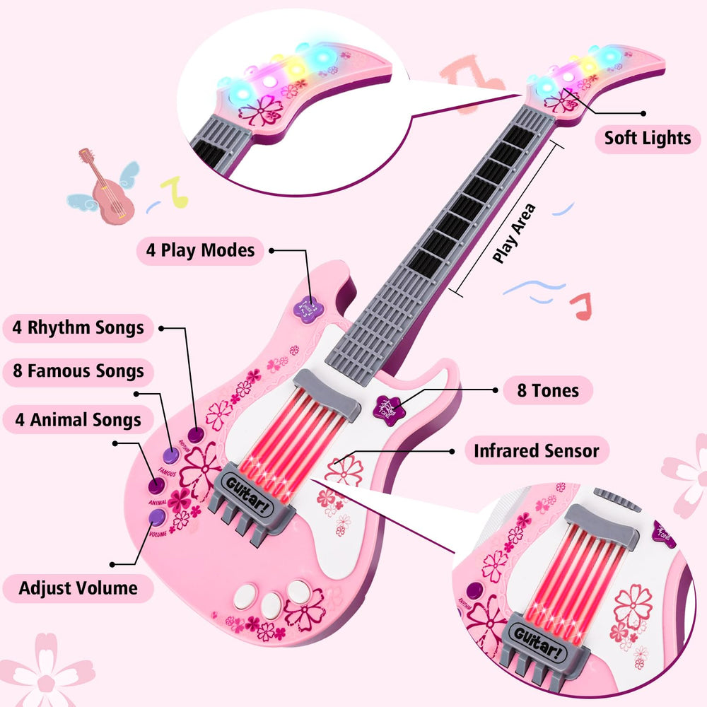 M SANMERSEN pink guitar with strap highlighting portability for playtime anywhere.