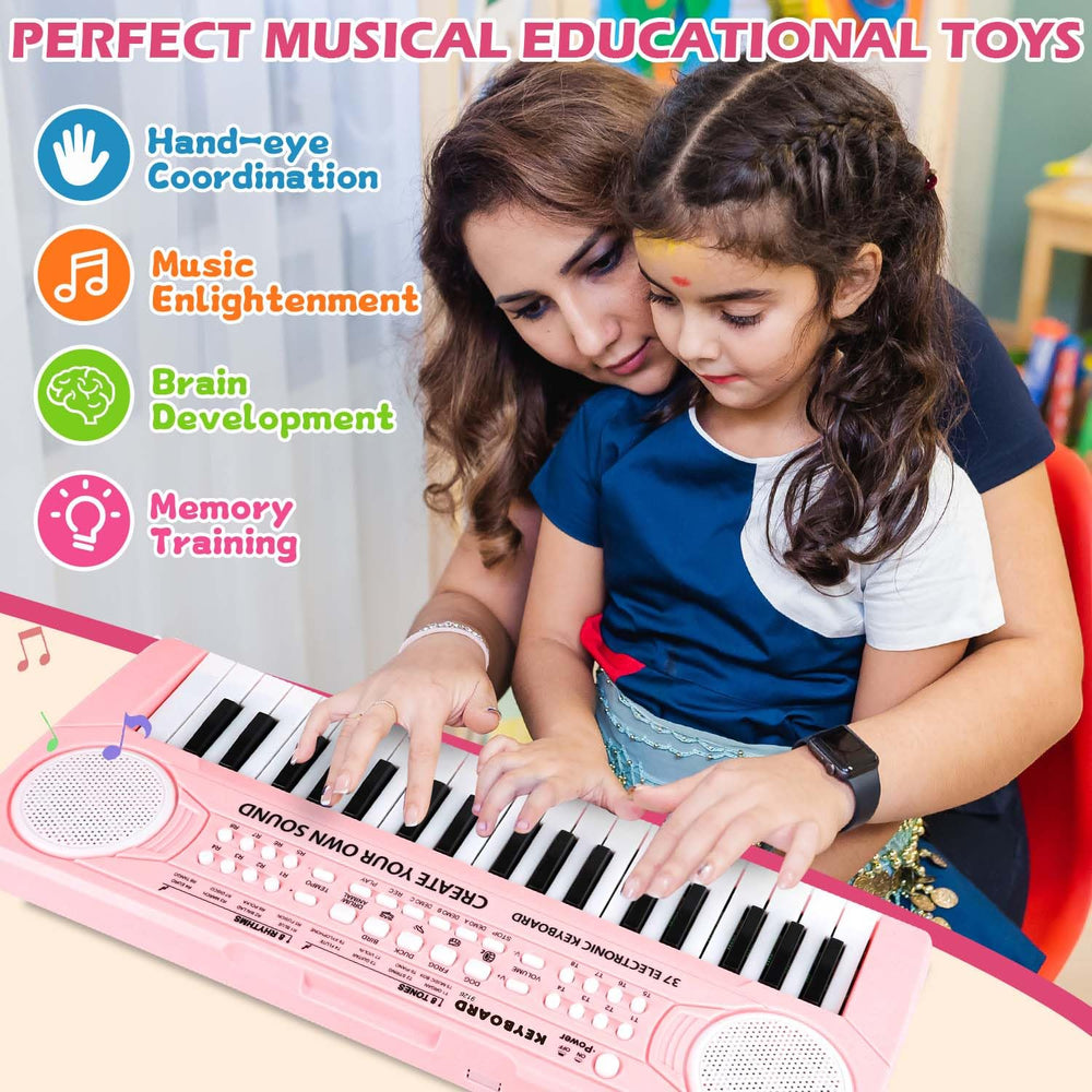 M SANMERSEN piano with microphone in pink supports singing while playing