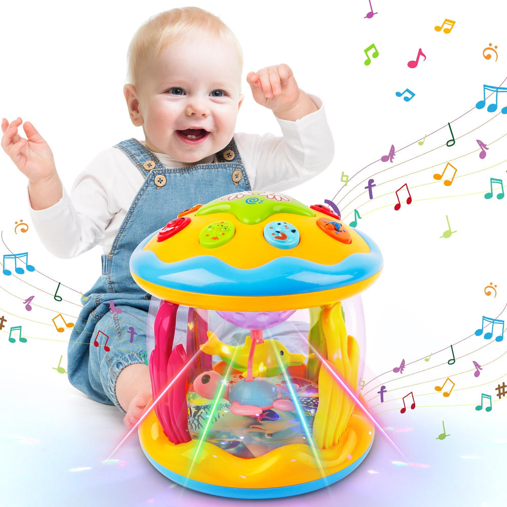 M SANMERSEN ocean rotating lights toy with dolphins and turtles promotes sensory play.