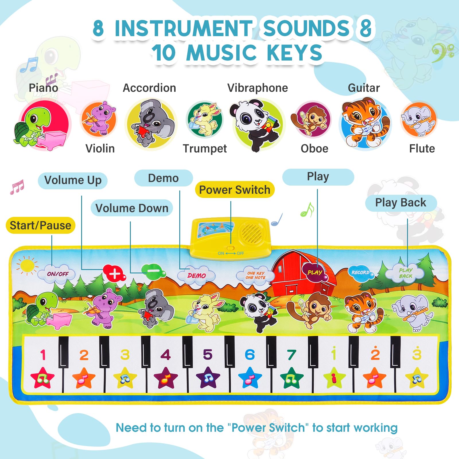 M SANMERSEN Piano Mat offers 8 instrument sounds to spark imaginative play.