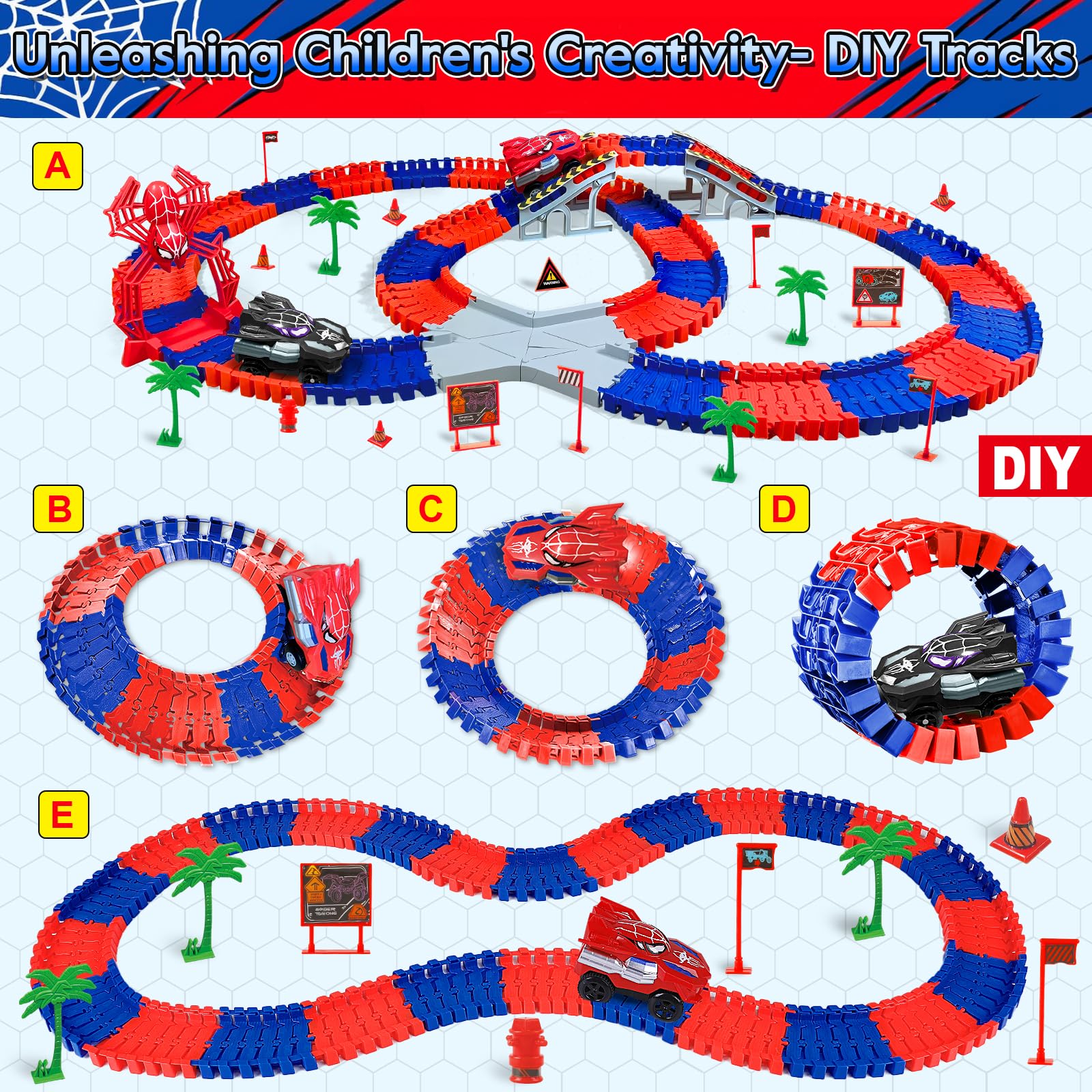 M SANMERSEN Spider Toys Track flexible pieces support unique layouts.
