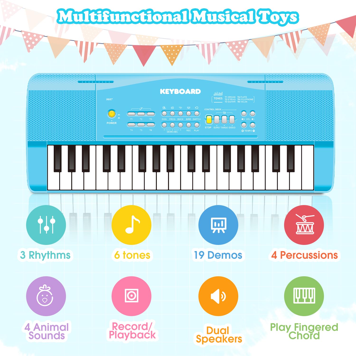 M SANMERSEN toy piano blue demos panel with built‑in sounds