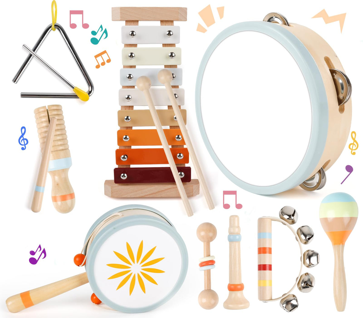 M SANMERSEN wooden toddler set with xylophone and drum for early rhythm and sensory play