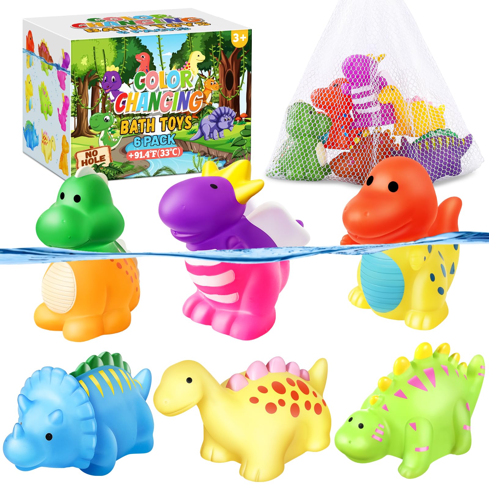 MACALOCA color-changing dinosaur bath toy reveals vibrant colors in warm water for engaging baths