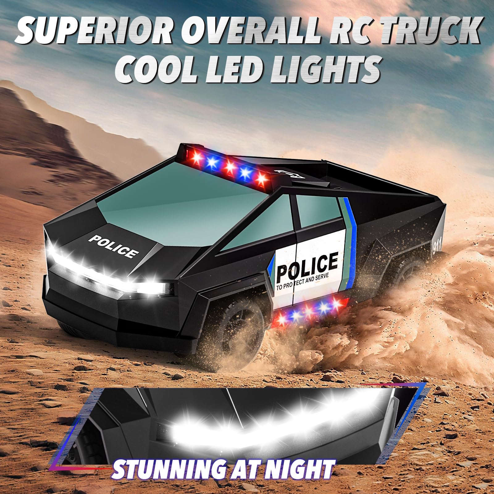 MACALOCA police RC truck features durable ABS chassis for everyday indoor and outdoor fun.