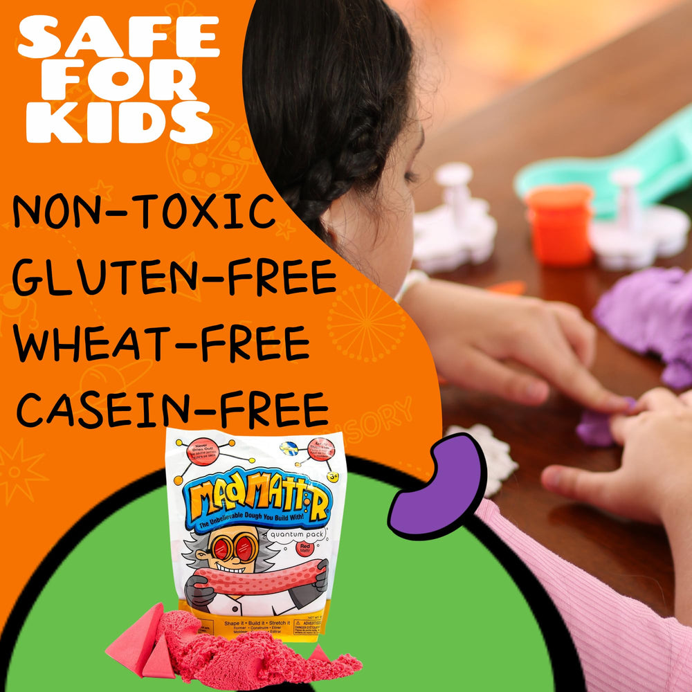Mad Mattr red self-sticking cleanup for mess-free play.