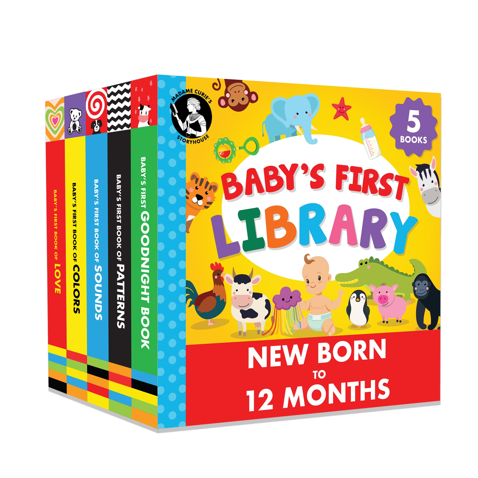 Madame Curie's Storyhouse baby's first library set cover showcasing vibrant board books for early curiosity