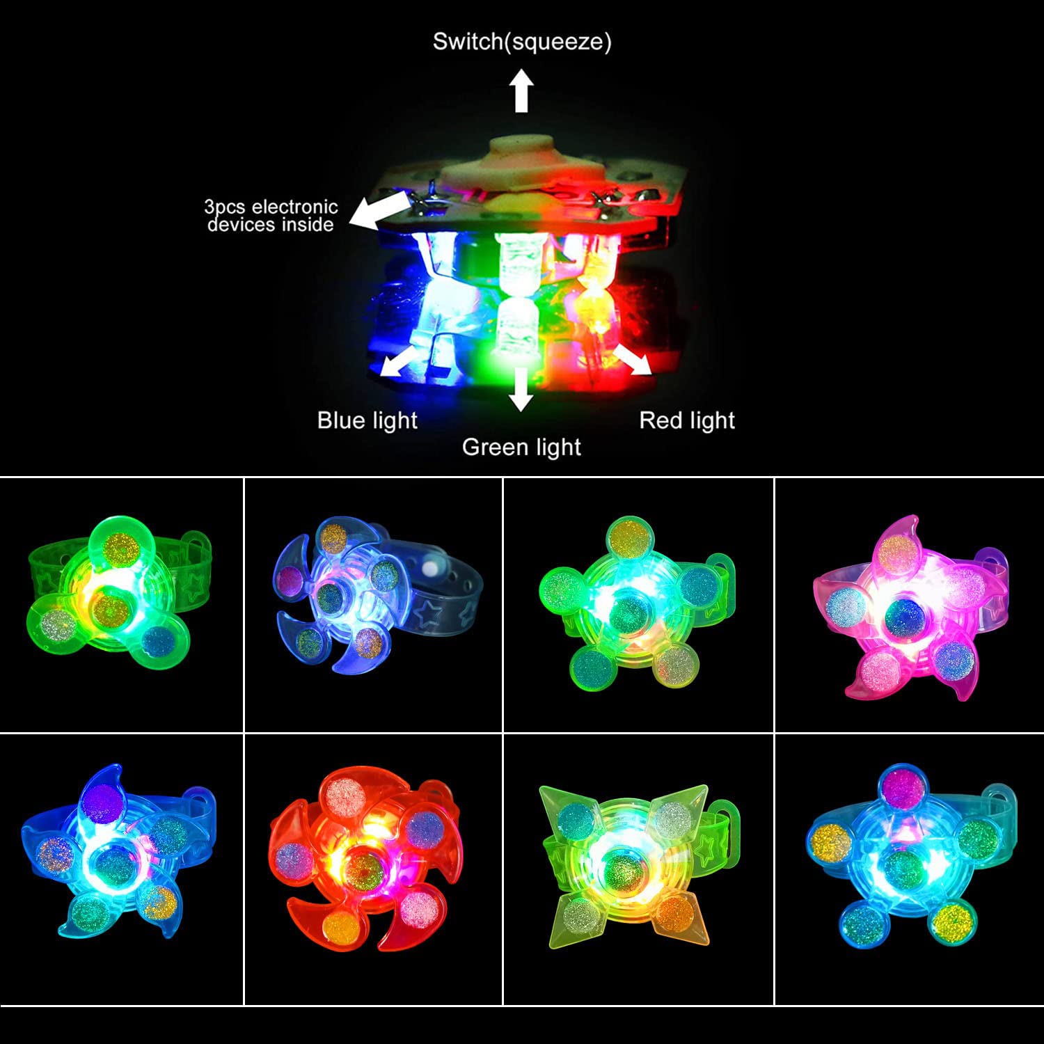 Maegawa bracelet spinner bright LEDs enhance carnival prizes and goodie bags.