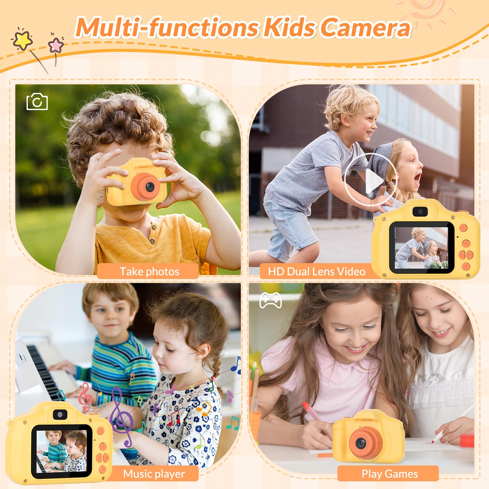 Mafiti Kids Camera orange side view emphasizes portable, hand-held fun.