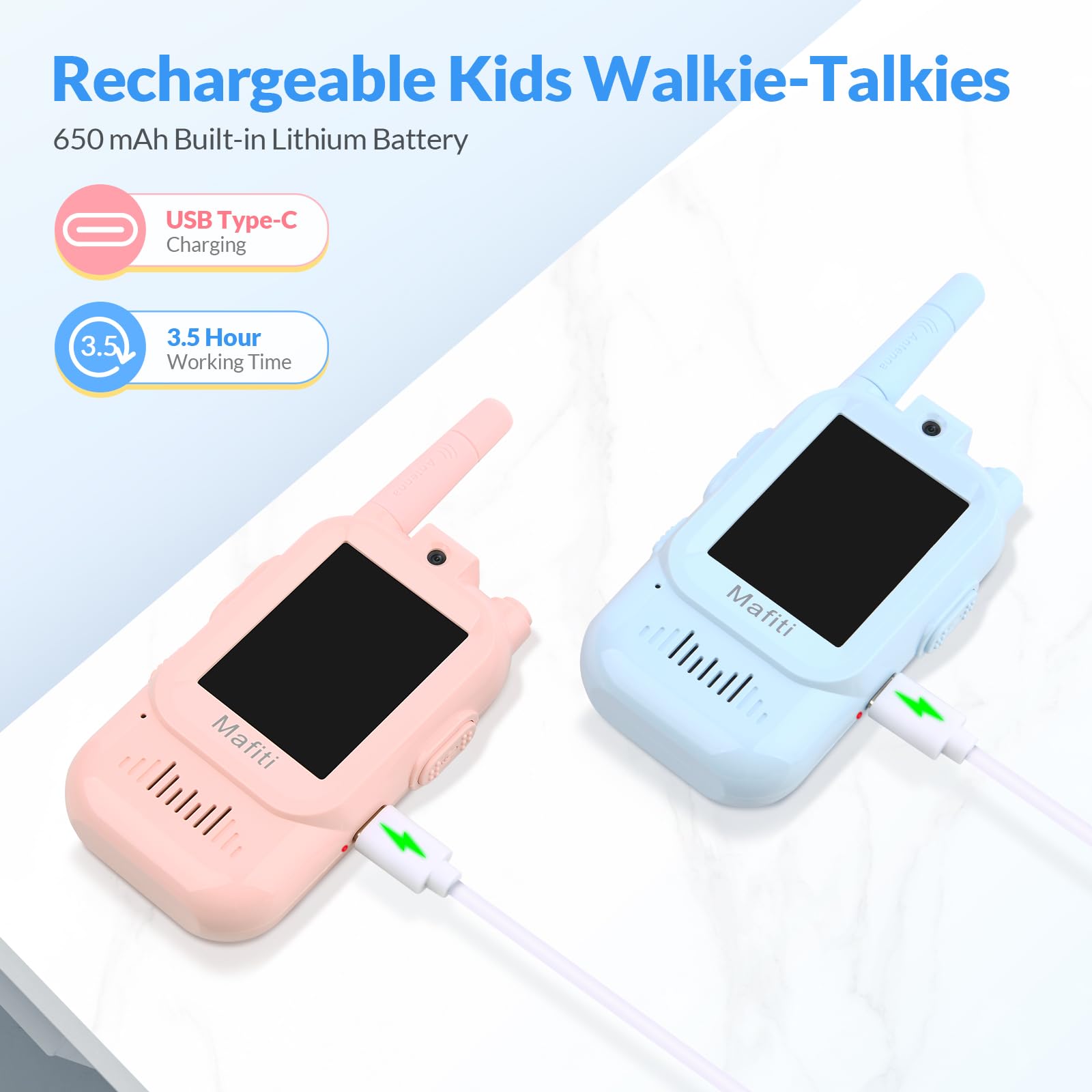 Mafiti walkie talkie USB charging cable included.