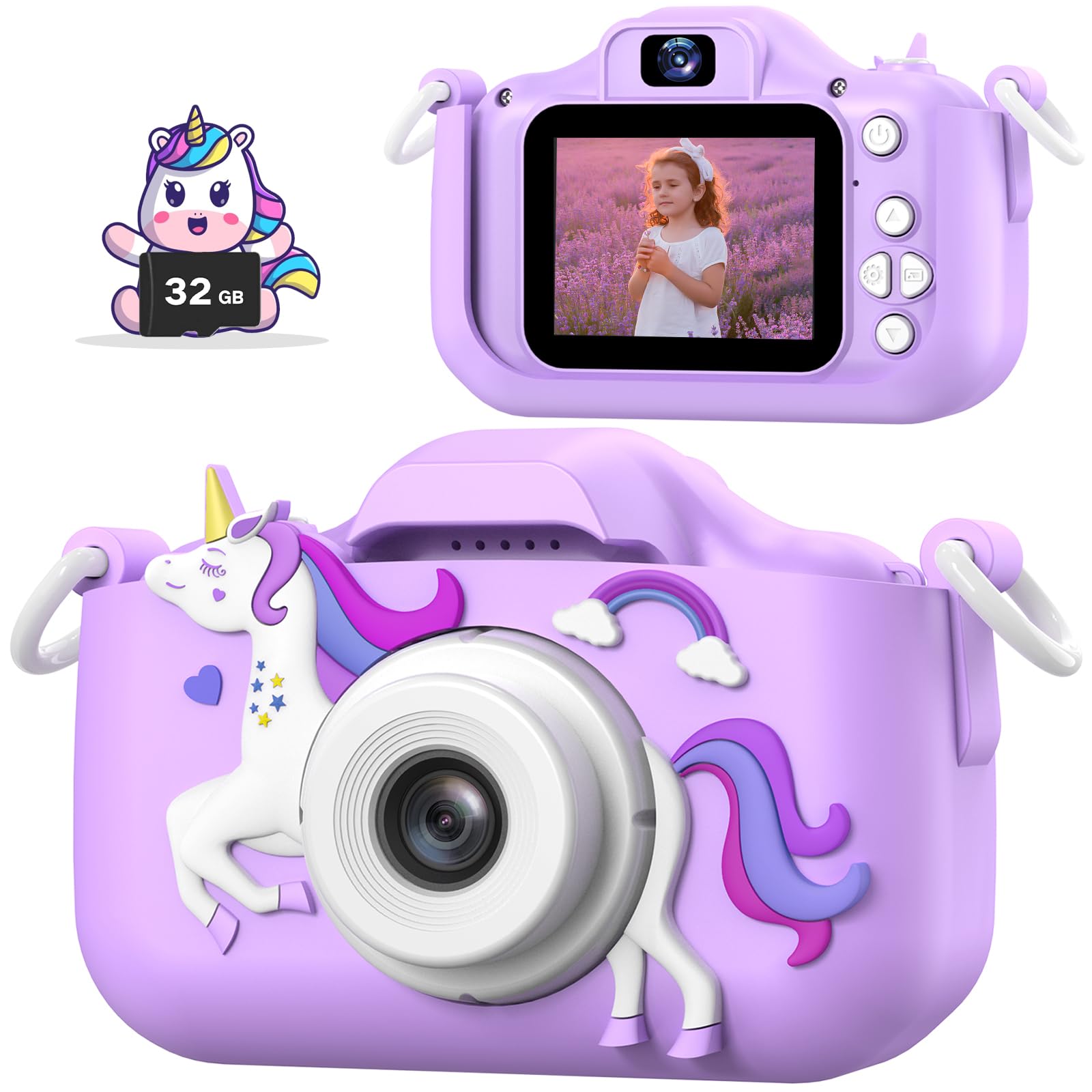 MgaoLo kids camera front view in camo purple for on-the-go photography