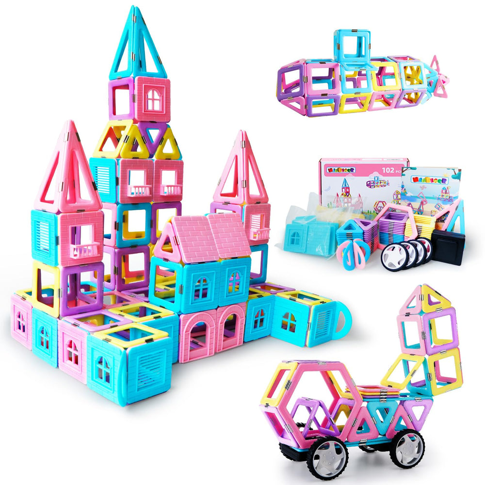 MAGBLOCK 102-piece magnetic tiles form a castle for creative play.