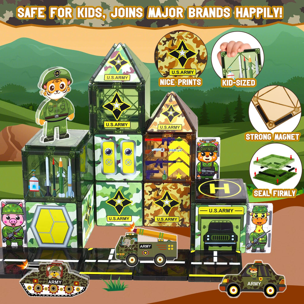Magbubp armed animal soldiers promote imaginative play and social interaction.