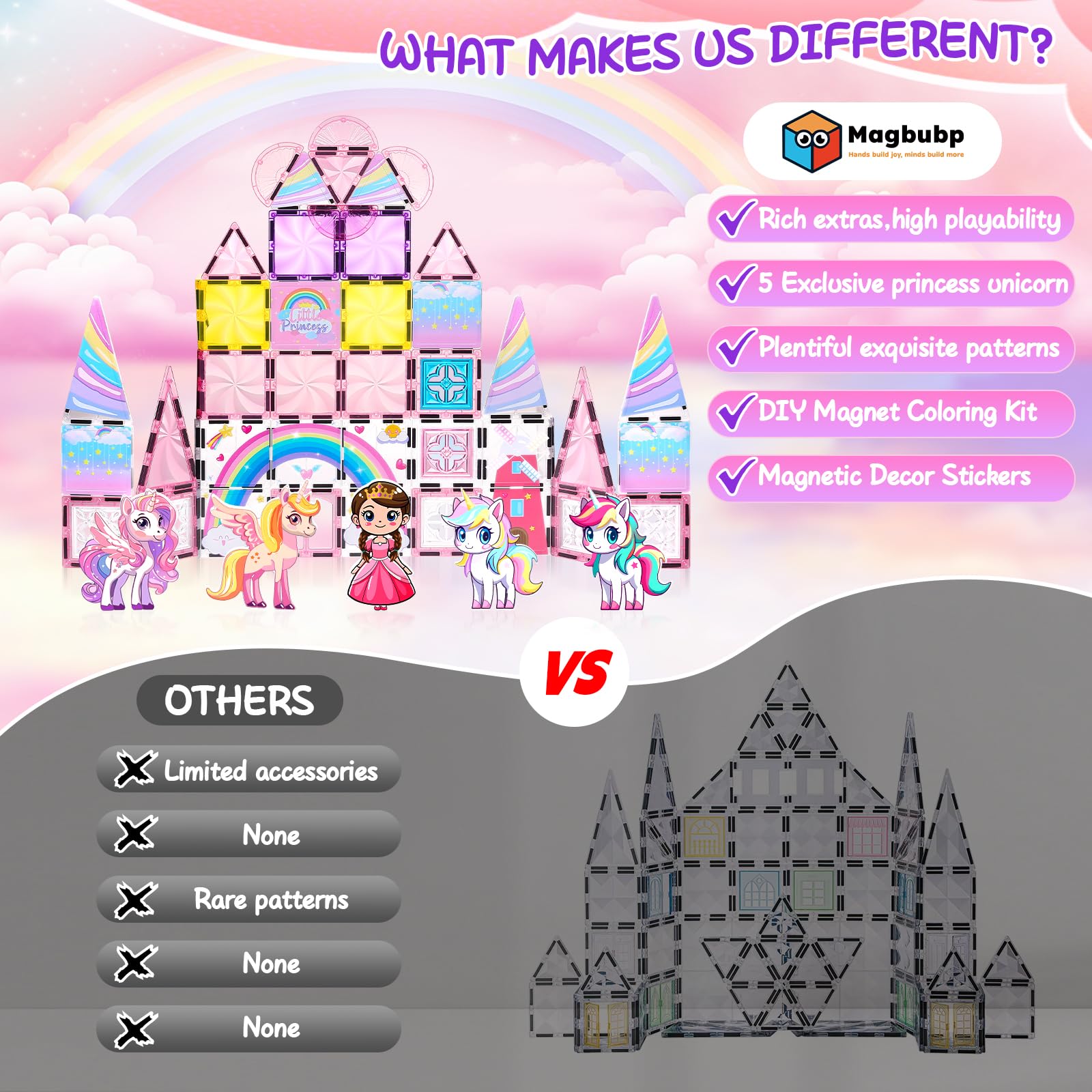 Magbubp Diamond Magnetic Tiles Four Unicorns and Dolls enable role-play and fantasy storytelling.