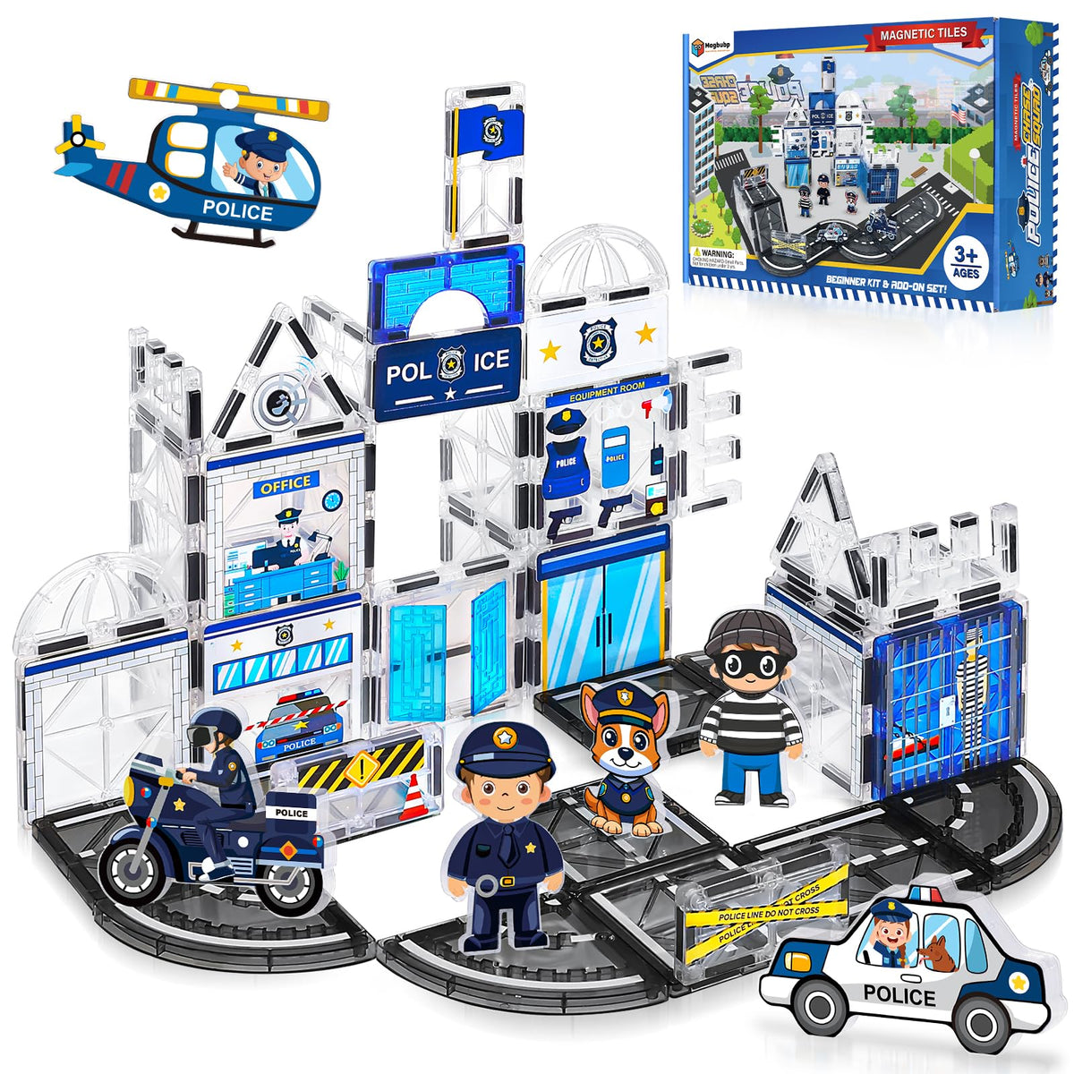 Magbubp police-station-set front view promotes imaginative play and spatial skills.