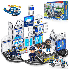 Magbubp police-station-set front view promotes imaginative play and spatial skills.