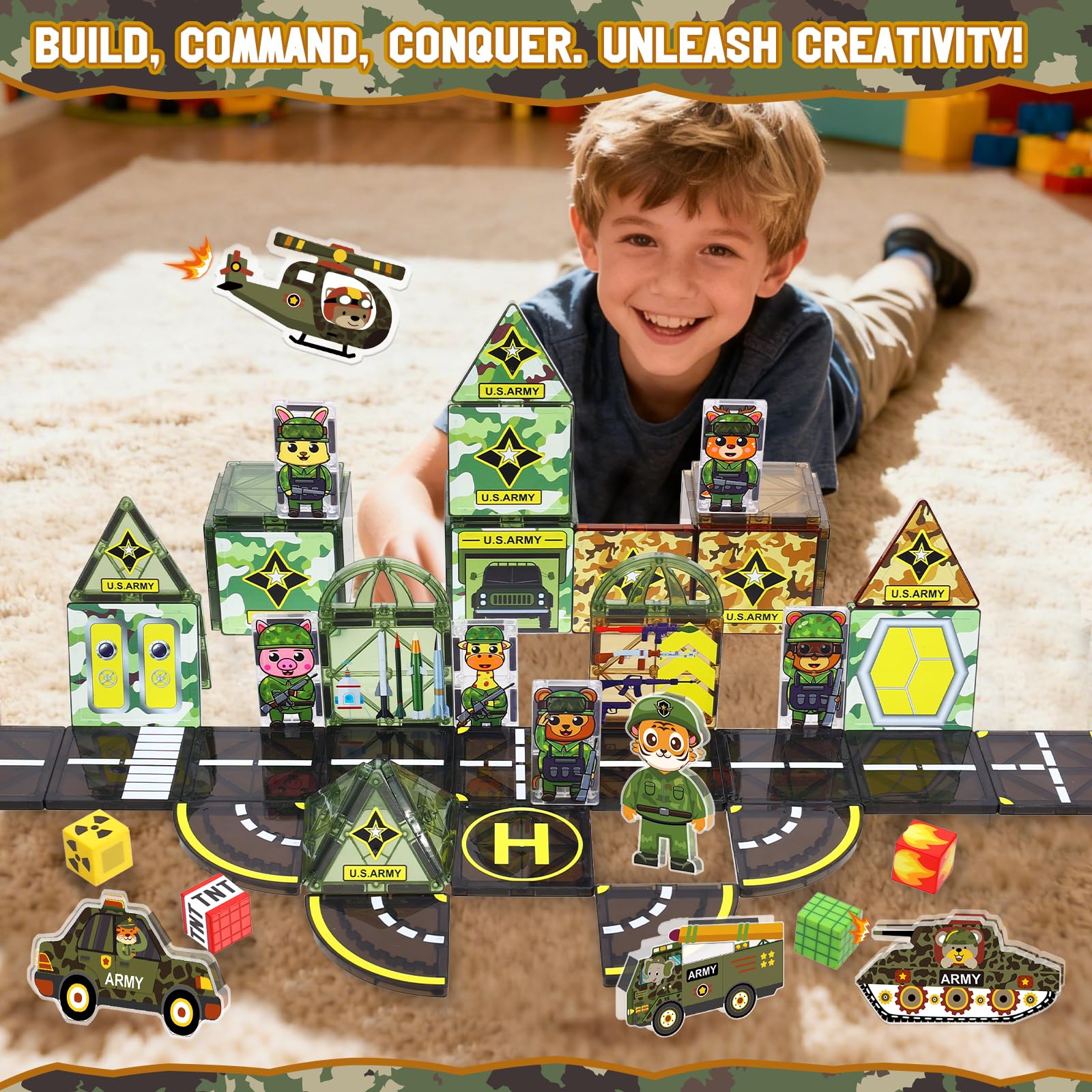 Magbubp tank, plane, and car tiles support collaborative play with siblings.