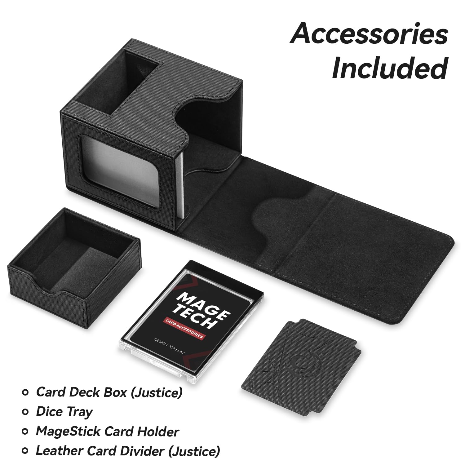 Mage Tech dice tray accommodates 30–50 dice for quick setup.