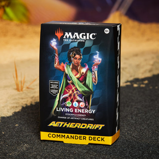 Magic: The Gathering Aetherdrift borderless commanders showcase foil artistry on the cards.