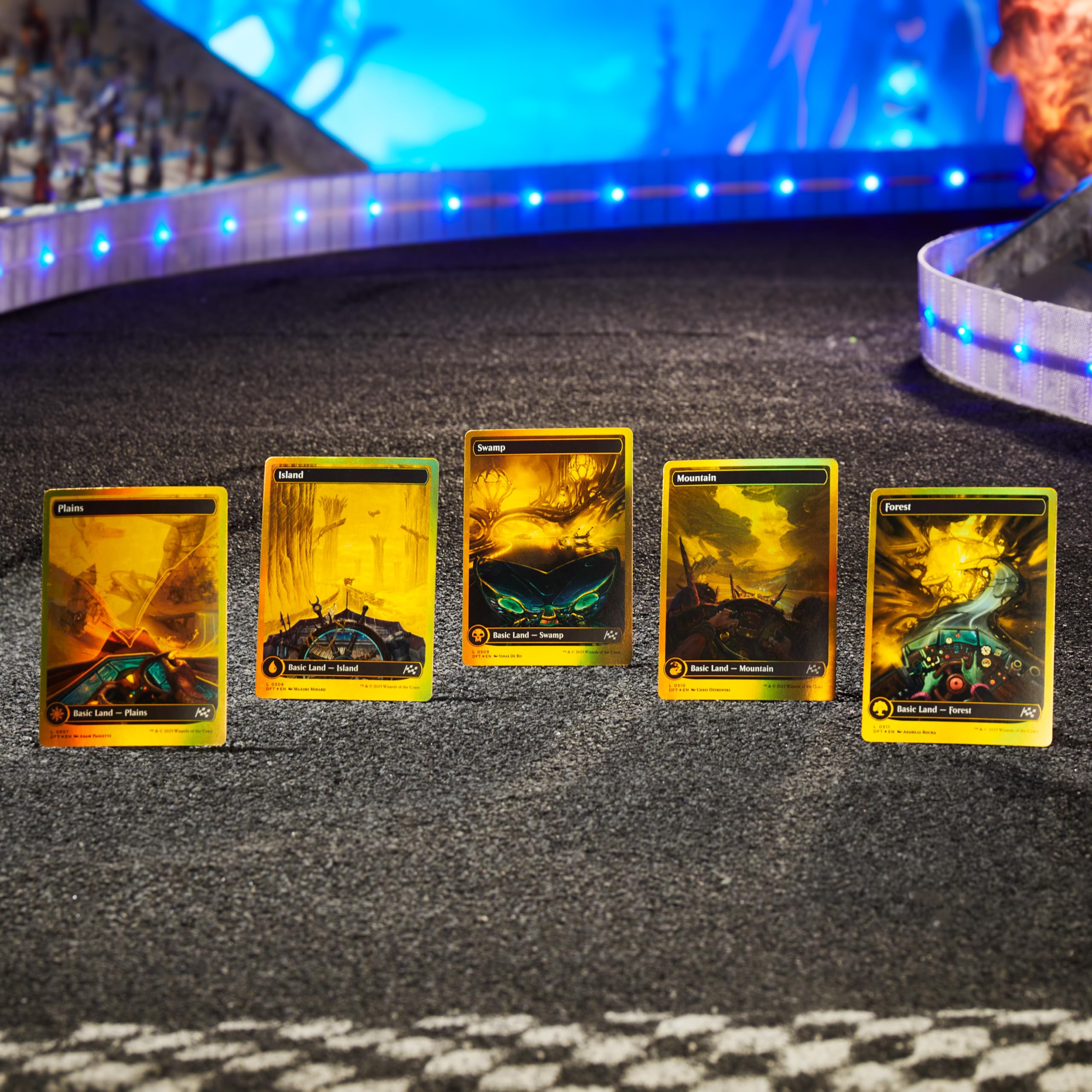 Magic: The Gathering Aetherdrift Finish Line Bundle box topper cards gleam with a premium foil treatment