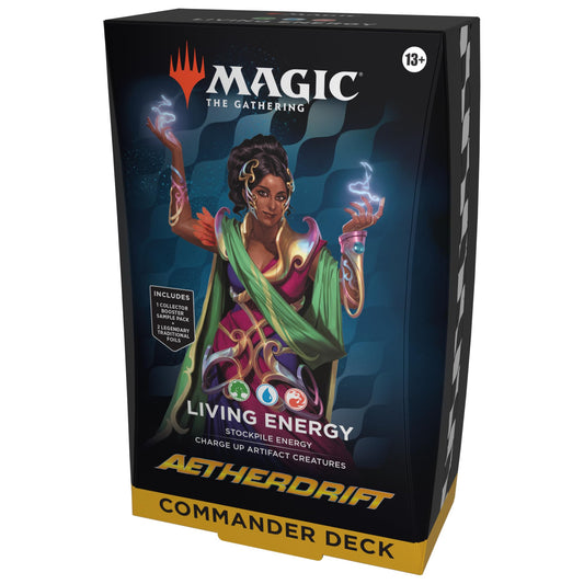 Magic: The Gathering Aetherdrift Living Energy deck box keeps cards organized.