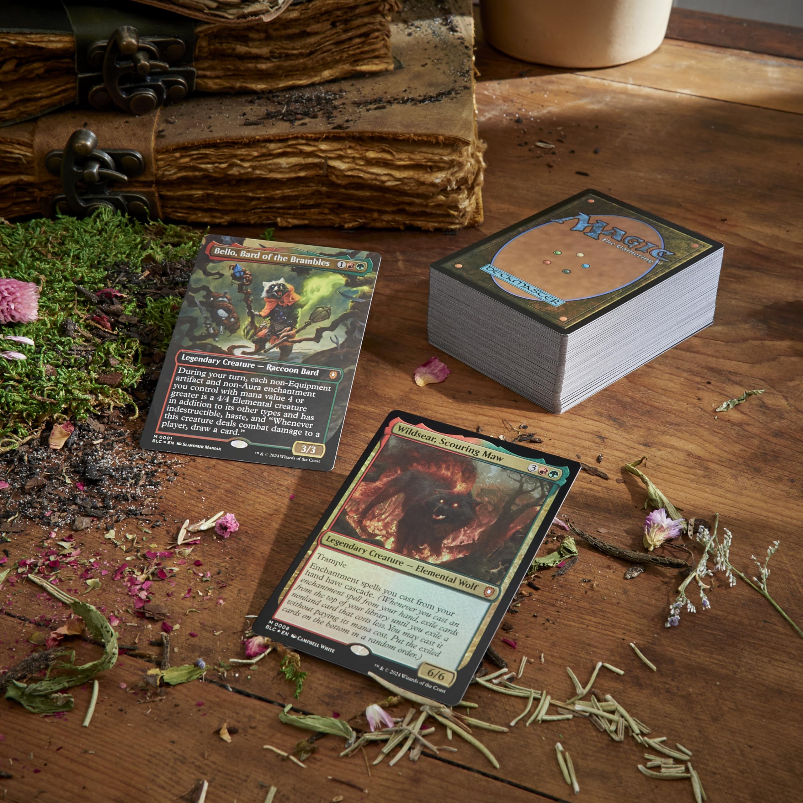 Magic: The Gathering Bloomburrow deck box open showcasing organized 100 sleeved cards